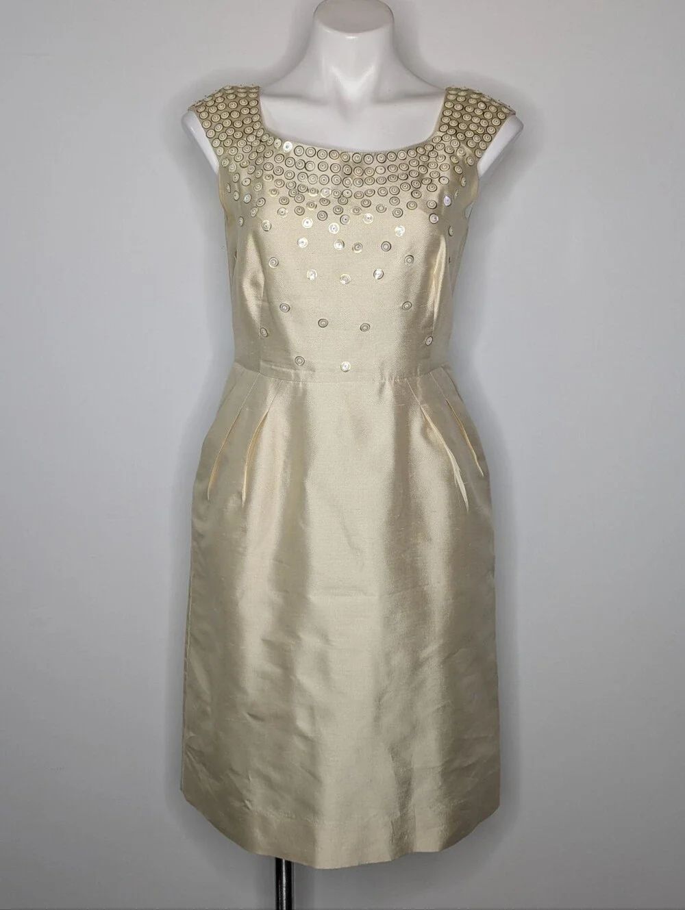 Kate Spade Josie Champagne Cream Tan Satin Sequin & Bead Scoop Neck Dress 4